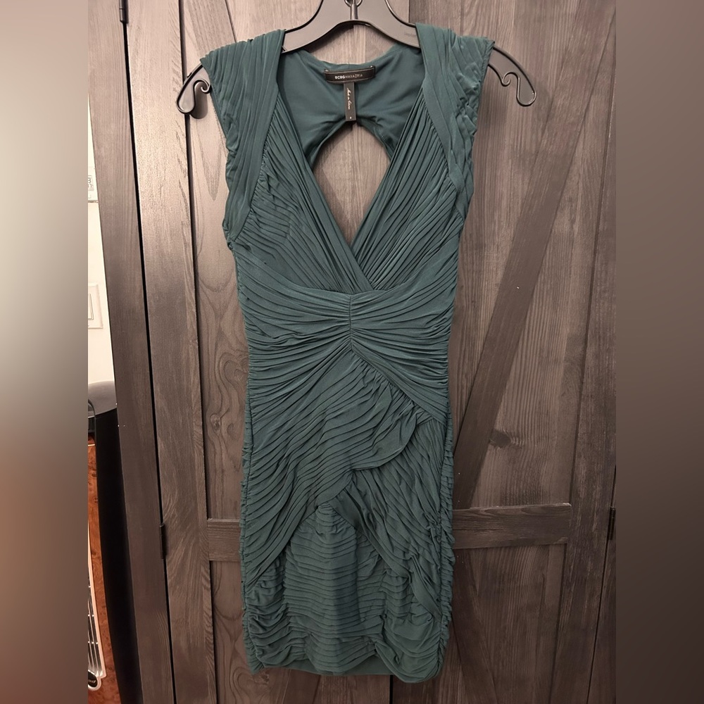 BCBG ruched mini dress | size small | emerald green color